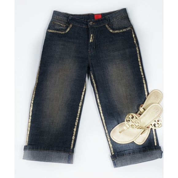 V Cristina Gold Painted Denim Cropped Pants P8 - Picture 3 of 8